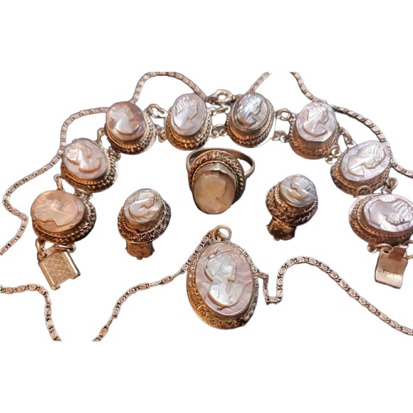 Victorian Antique Abalone Cameo SET 800 silver Bracelet ring necklace earrings - Picture 4 of 12